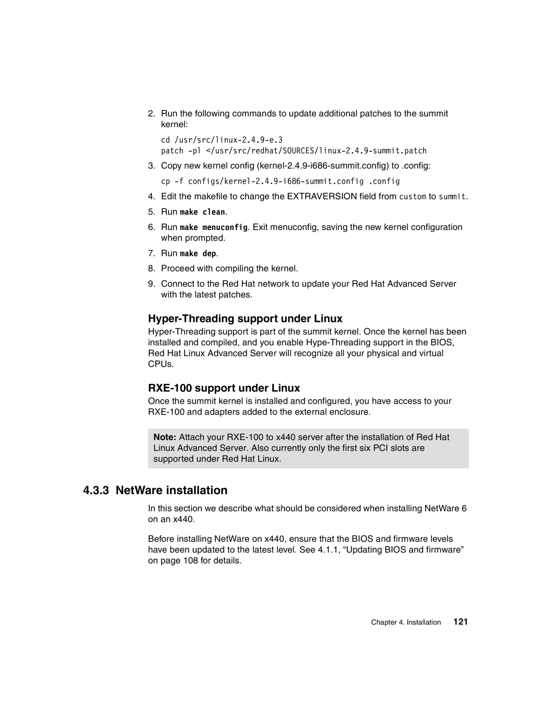 IBM 440 manual NetWare installation, Hyper-Threading support under Linux, RXE-100 support under Linux 