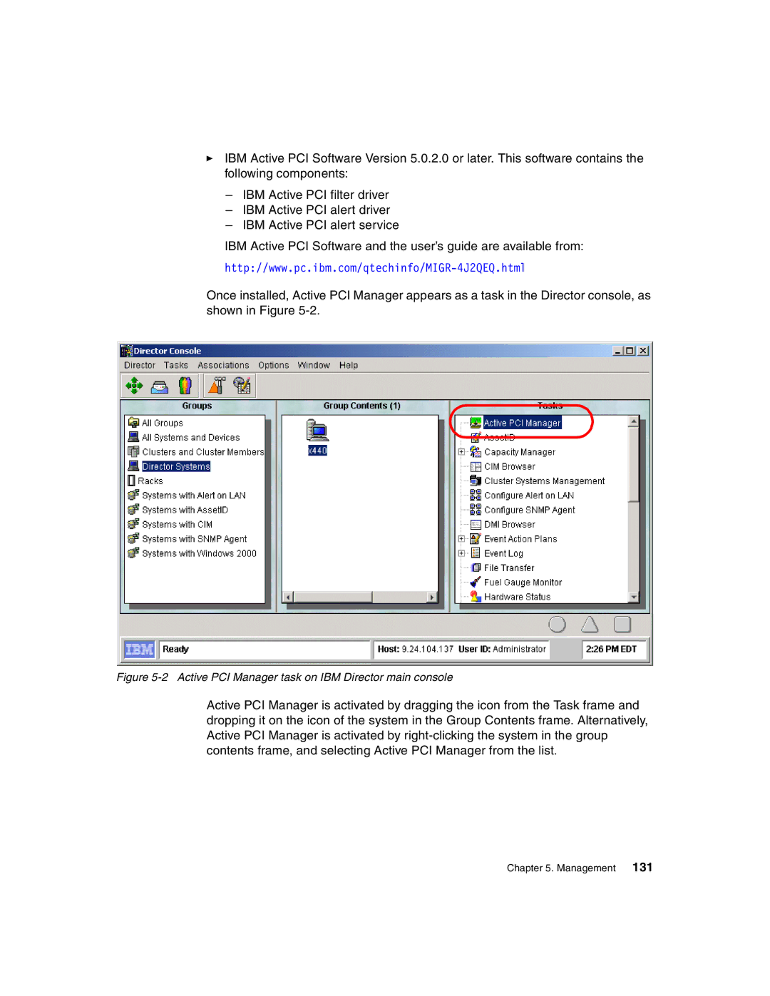 IBM 440 manual Active PCI Manager task on IBM Director main console 