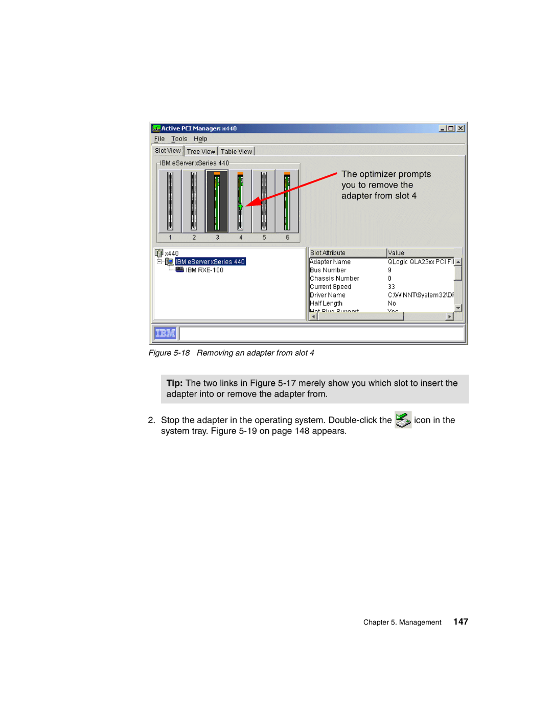 IBM 440 manual Optimizer prompts you to remove the adapter from slot 