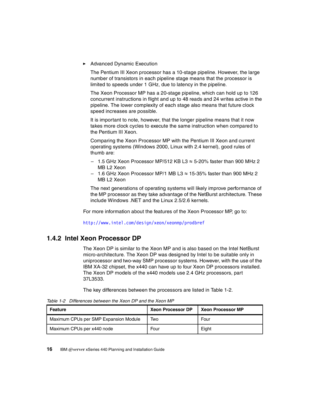 IBM 440 manual Intel Xeon Processor DP, Feature Xeon Processor DP Xeon Processor MP 