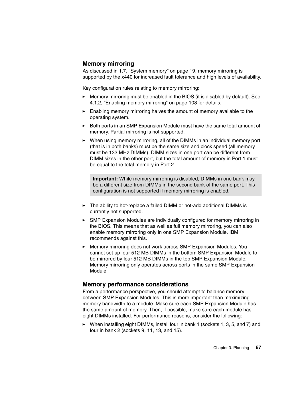 IBM 440 manual Memory mirroring, Memory performance considerations 