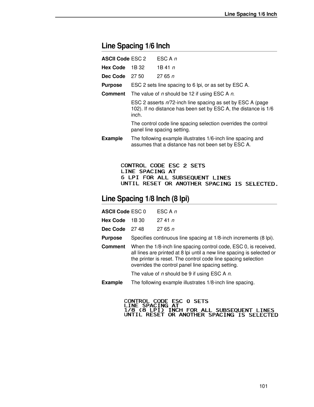 IBM 4400 manual Line Spacing 1/6 Inch, Ascii Code ESC 