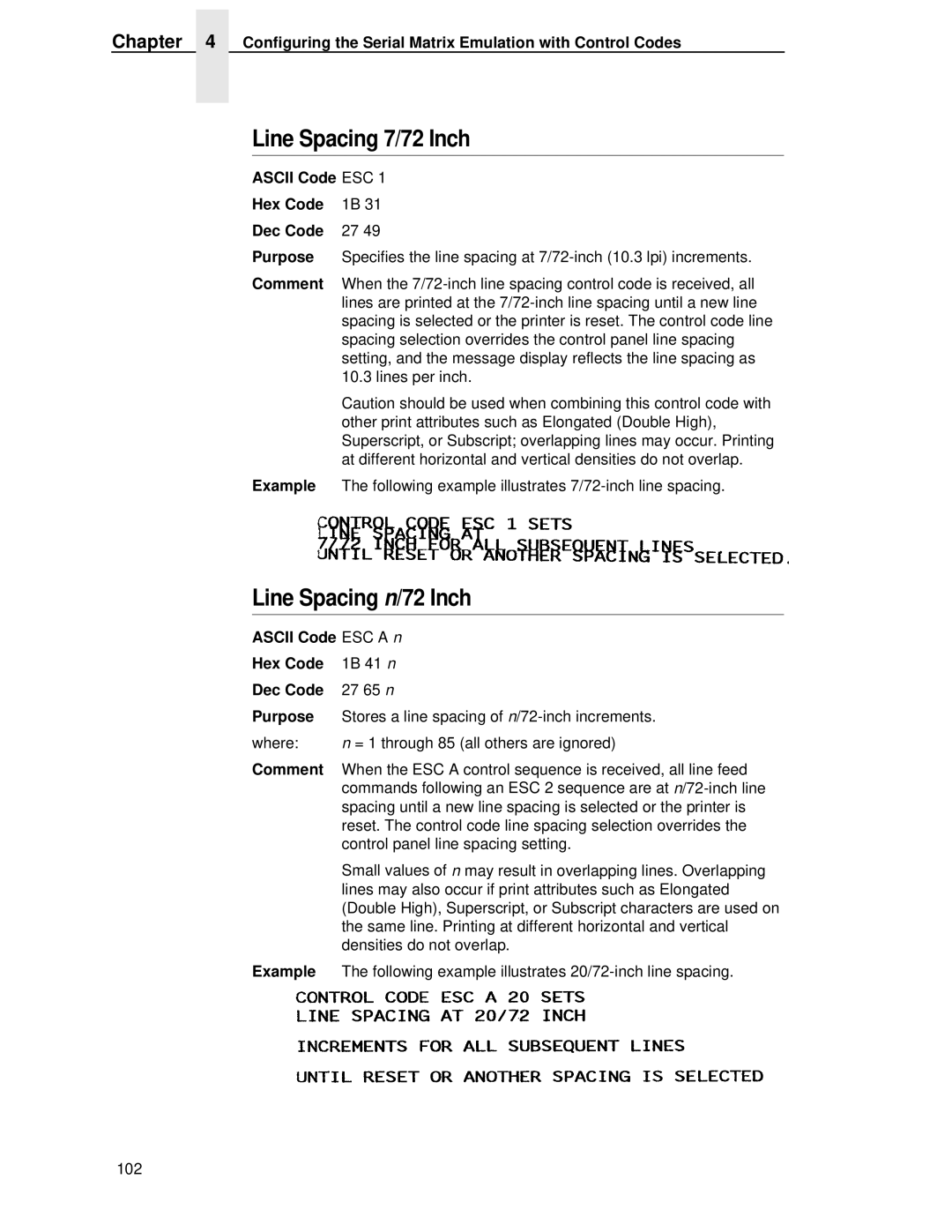 IBM 4400 manual Line Spacing 7/72 Inch, Ascii Code ESC a n Hex Code 