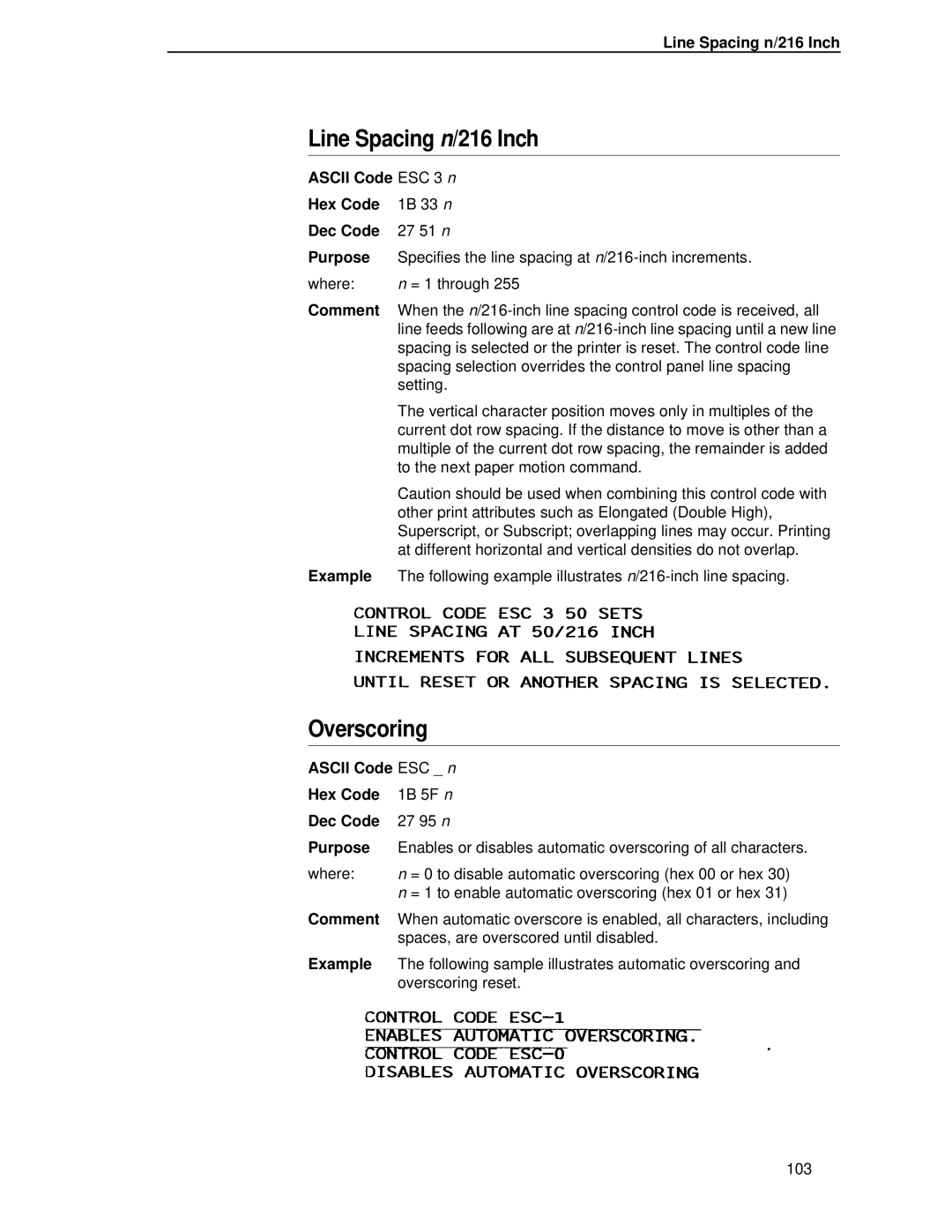 IBM 4400 manual Line Spacing n/216 Inch, Ascii Code ESC 3 n Hex Code, Ascii Code ESC n Hex Code 