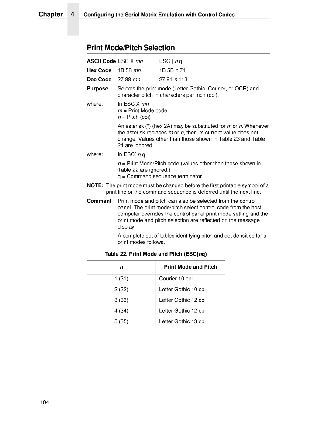 IBM 4400 manual Ascii Code ESC X mn, Print Mode and Pitch ESCnq 