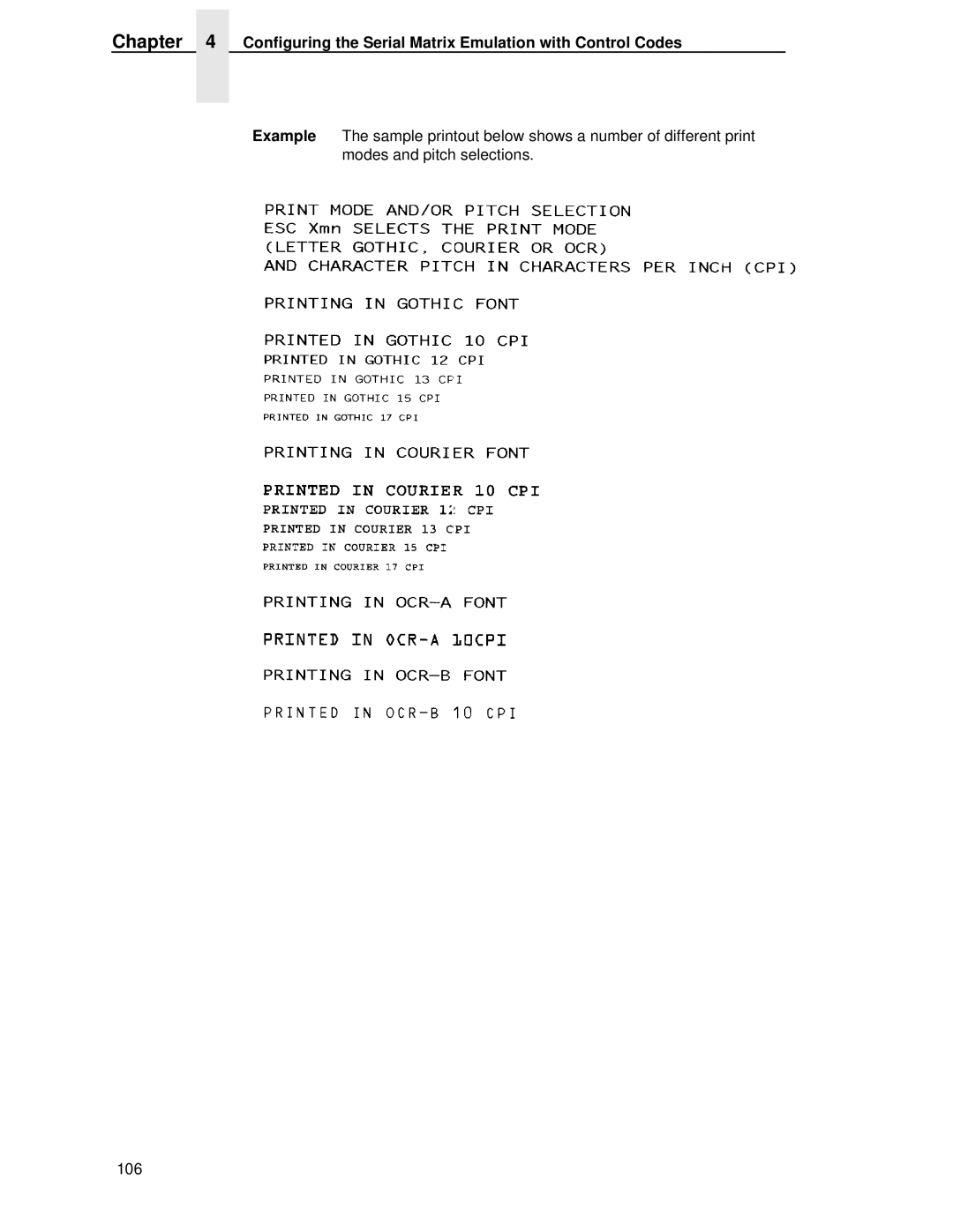 IBM 4400 manual Configuring the Serial Matrix Emulation with Control Codes 