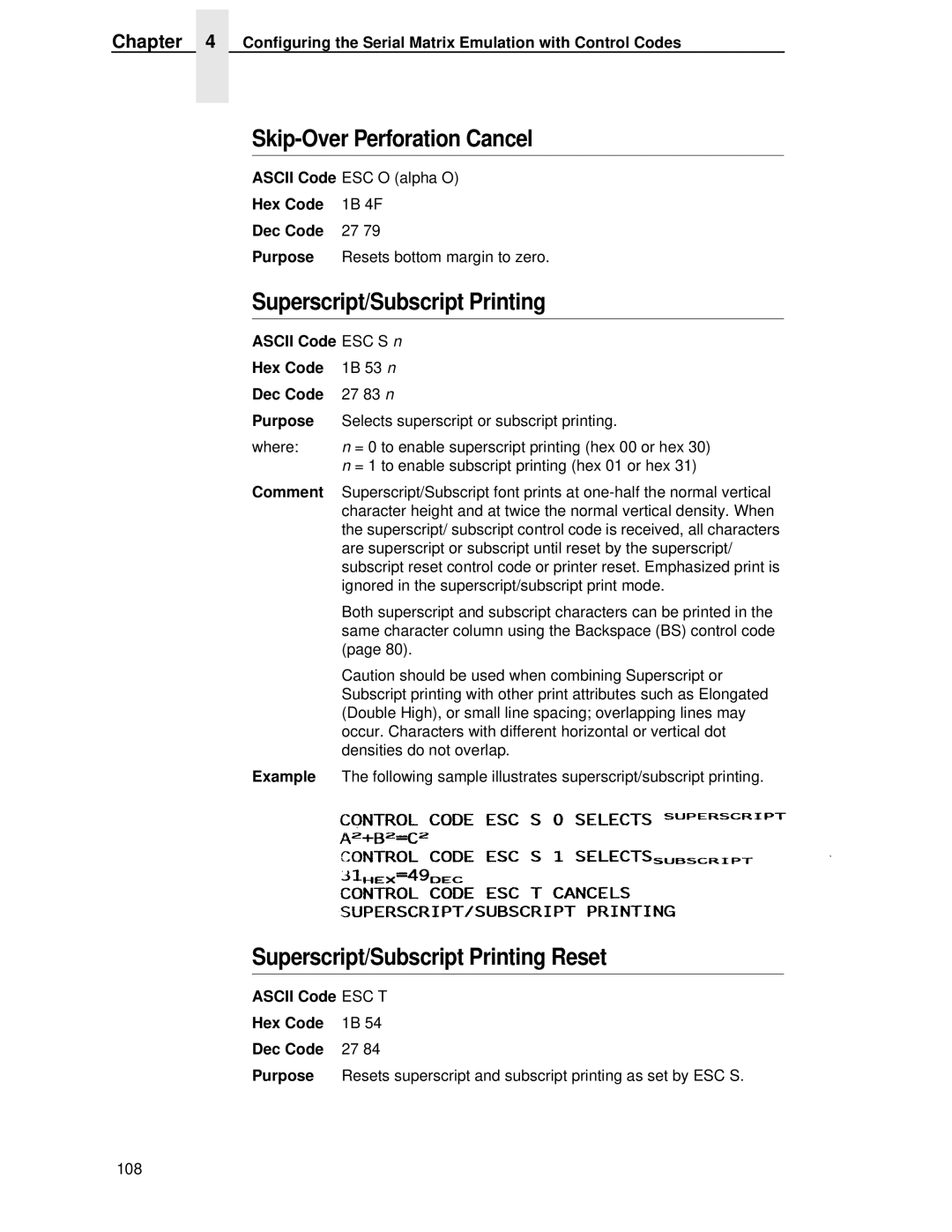 IBM 4400 manual Skip-Over Perforation Cancel, Ascii Code ESC S n Hex Code 