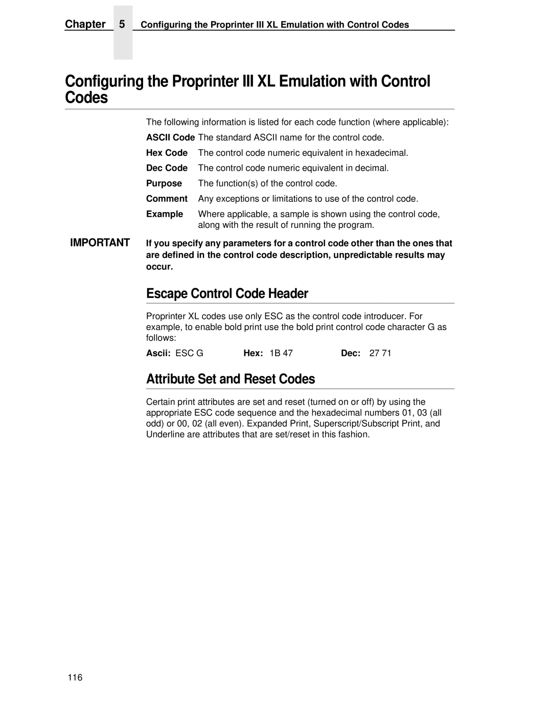 IBM 4400 manual Escape Control Code Header 