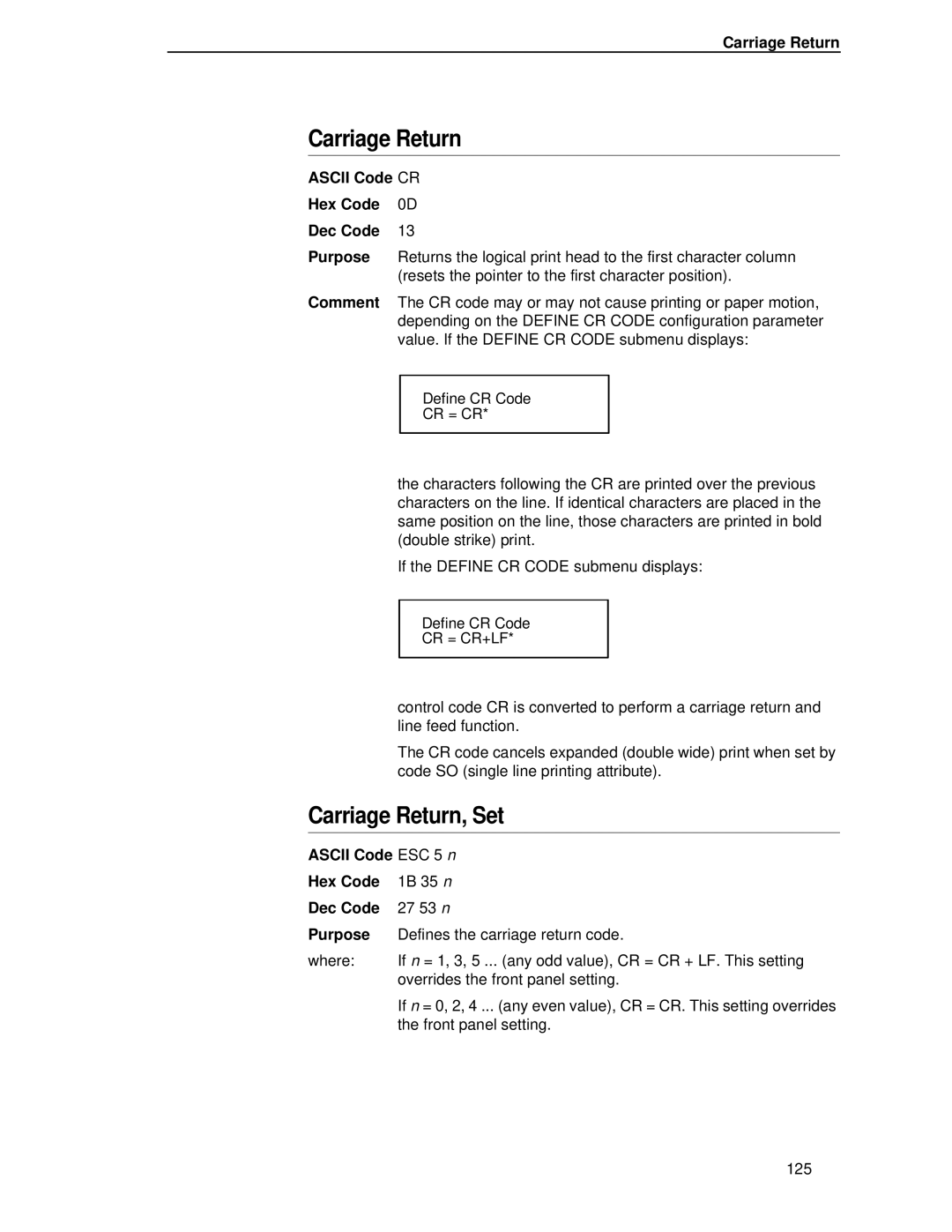 IBM 4400 manual Carriage Return, Set, Ascii Code ESC 5 n Hex Code 