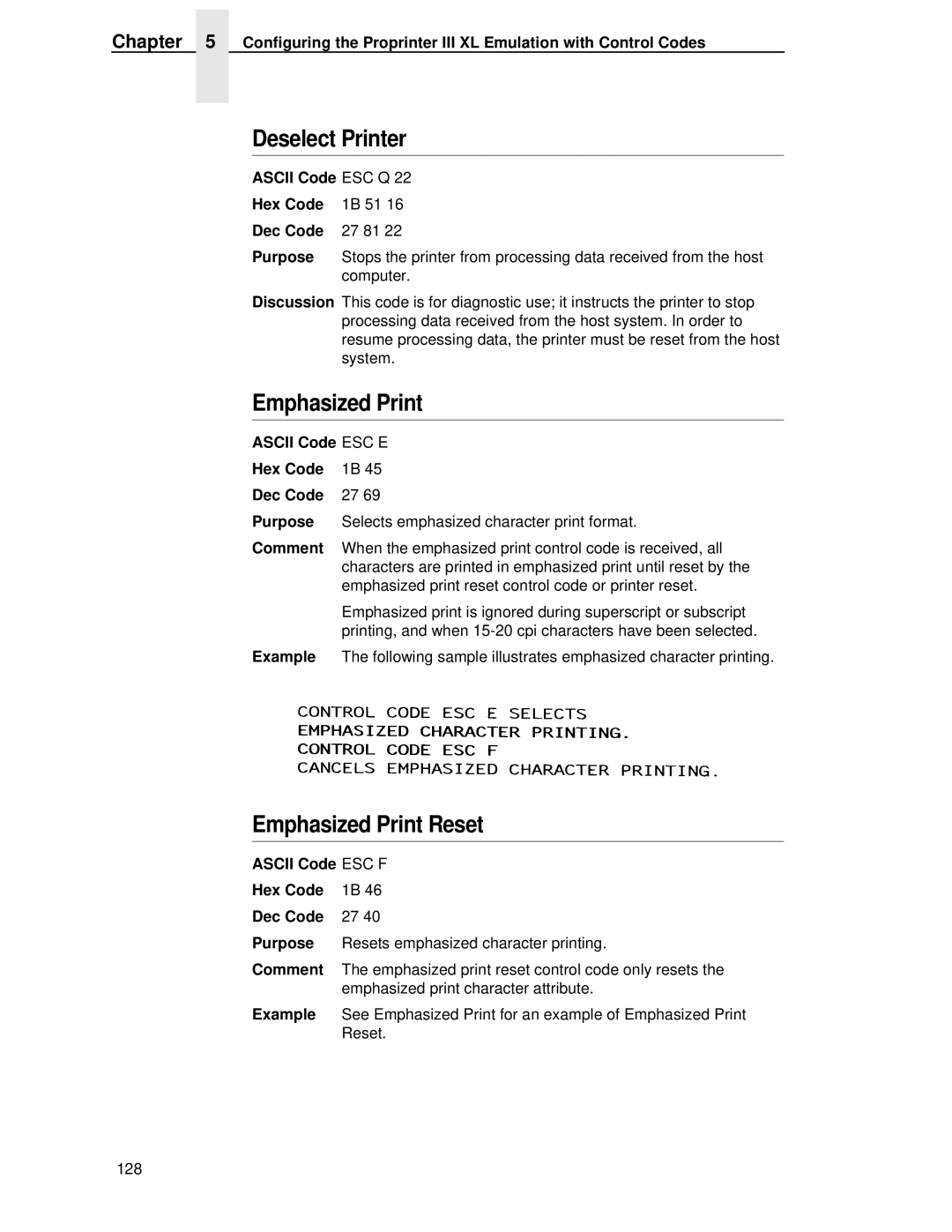 IBM 4400 manual Deselect Printer, Ascii Code ESC Q Hex Code 