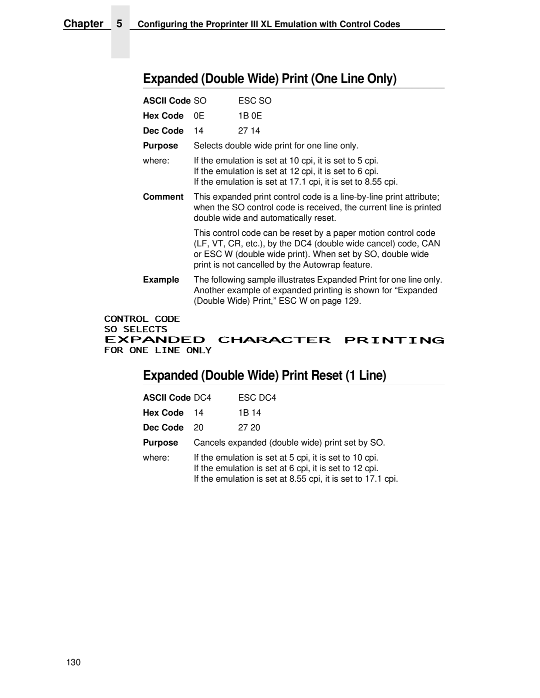 IBM 4400 manual Expanded Double Wide Print Reset 1 Line, Ascii Code DC4, ESC DC4 