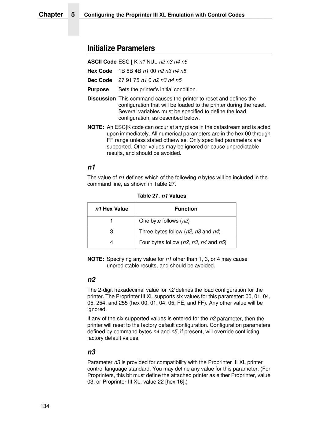 IBM 4400 manual Initialize Parameters, N1 Values, Function, One byte follows n2 