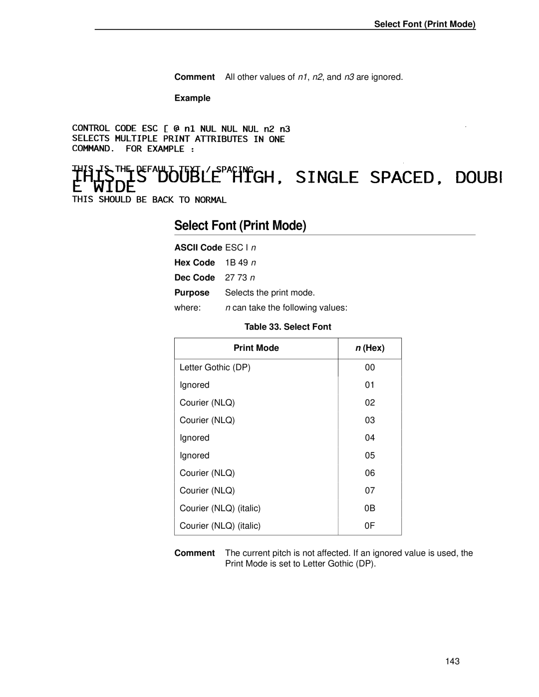 IBM 4400 manual Ascii Code ESC I n Hex Code, Select Font Print Mode Hex 