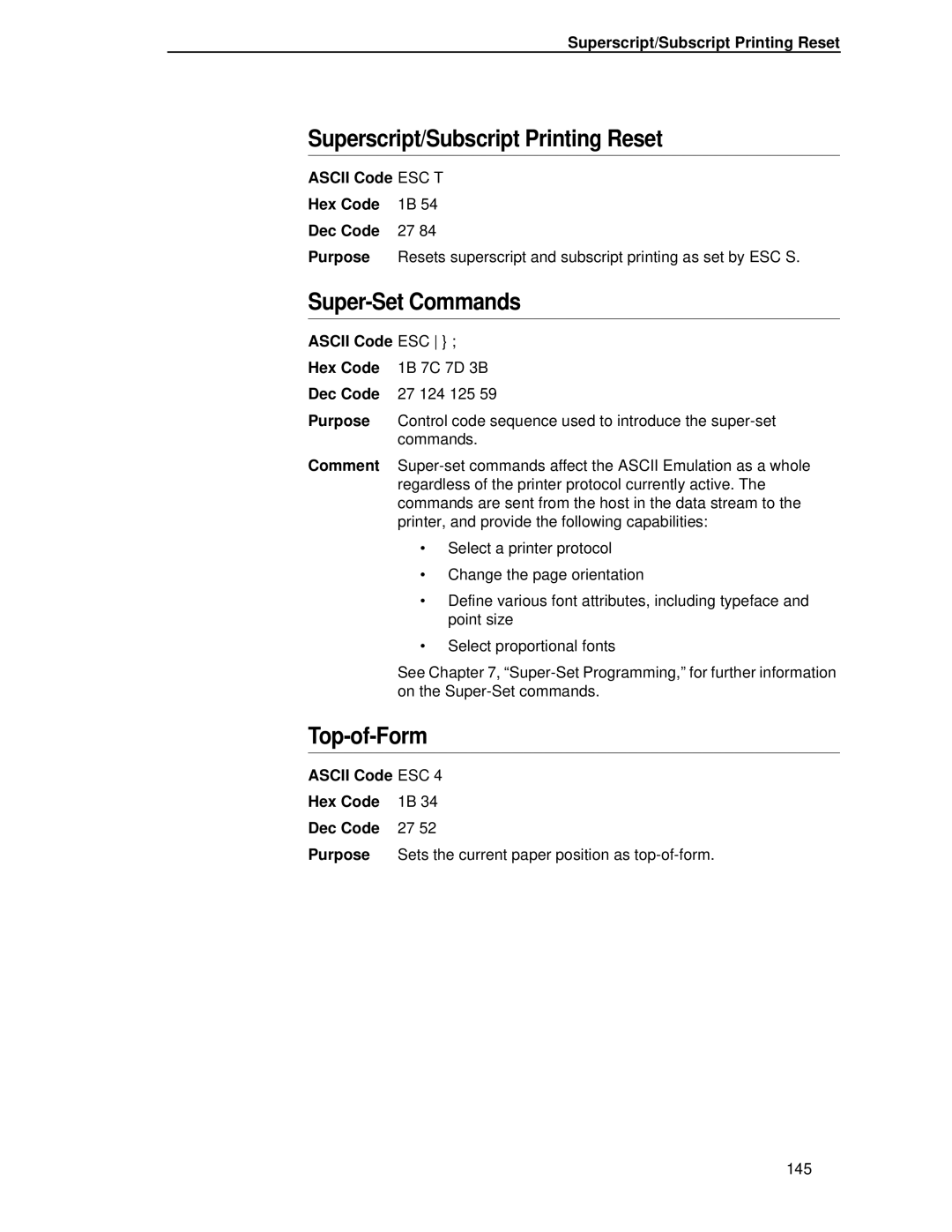 IBM 4400 manual Top-of-Form, Superscript/Subscript Printing Reset 