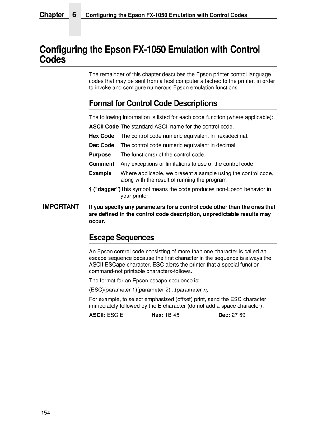 IBM 4400 manual Escape Sequences, Configuring the Epson FX-1050 Emulation with Control Codes, Hex 1B Dec 27 