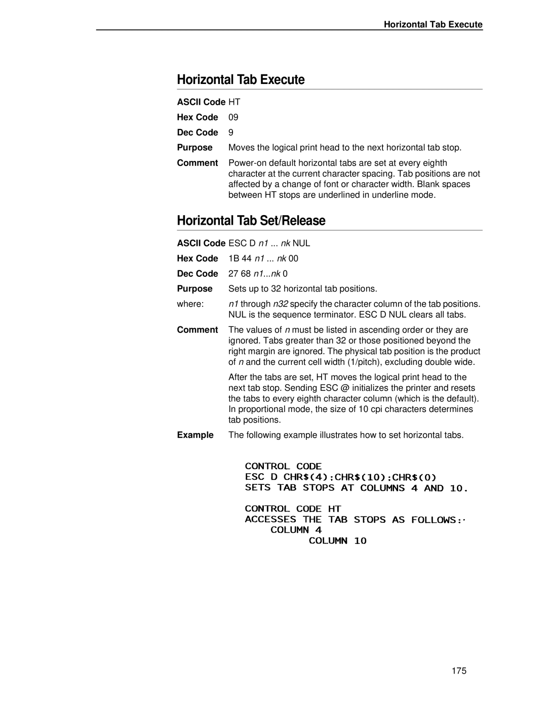 IBM 4400 manual Horizontal Tab Execute, Horizontal Tab Set/Release 