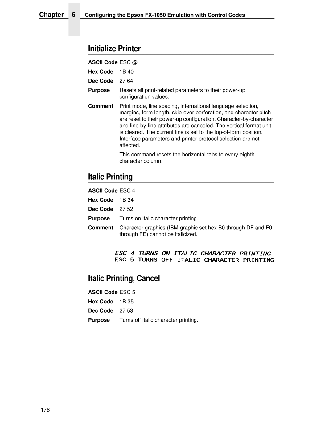 IBM 4400 manual Initialize Printer, Italic Printing, Cancel 