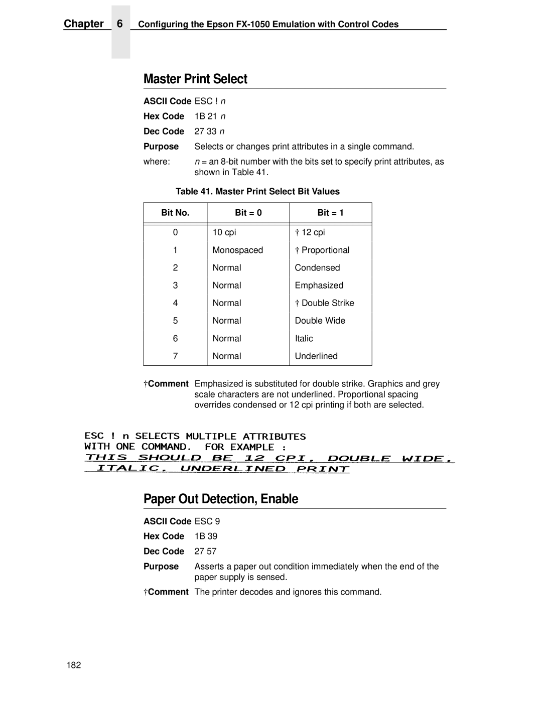 IBM 4400 manual Master Print Select, Paper Out Detection, Enable, Ascii Code ESC ! n Hex Code 