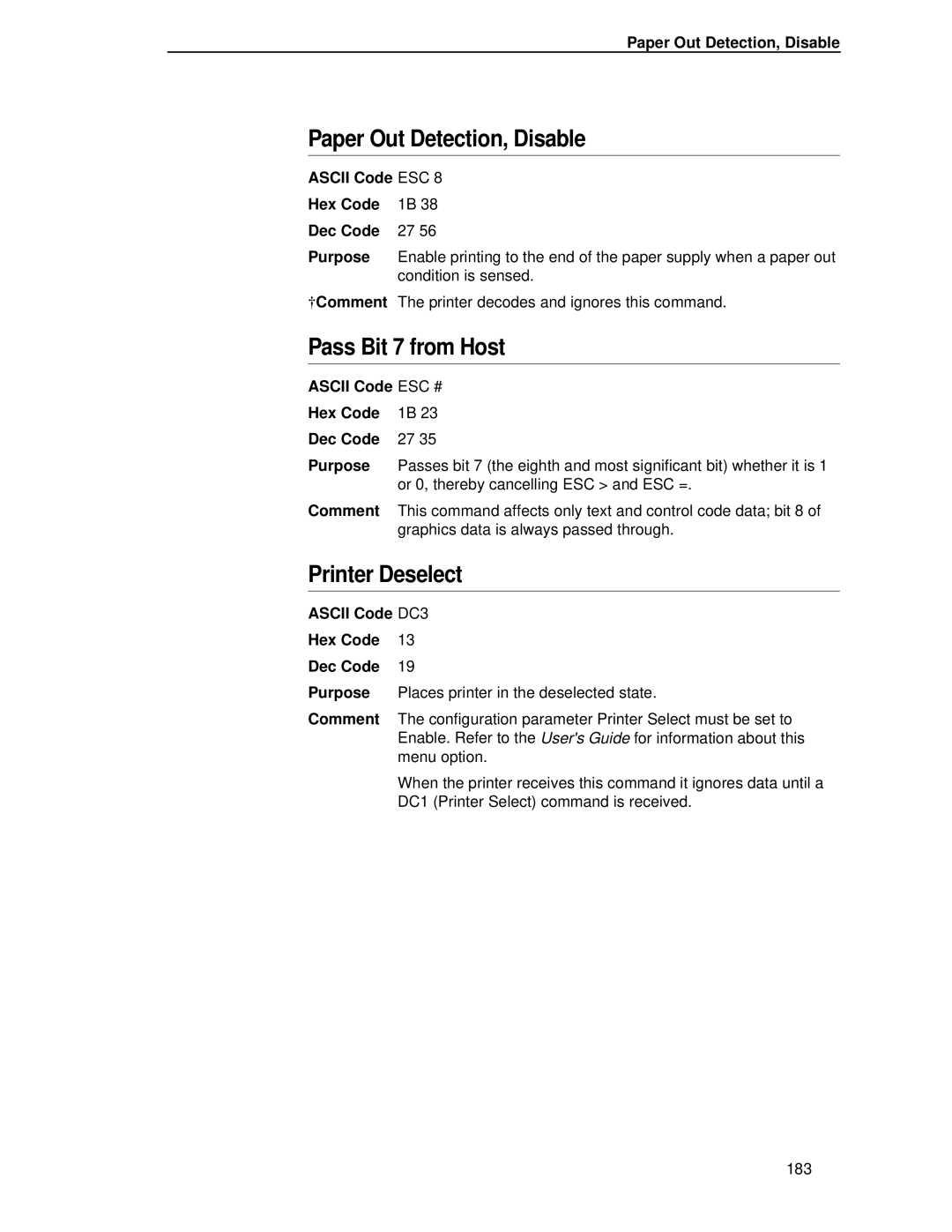 IBM 4400 manual Paper Out Detection, Disable, Pass Bit 7 from Host, Ascii Code ESC # Hex Code Dec Code Purpose 