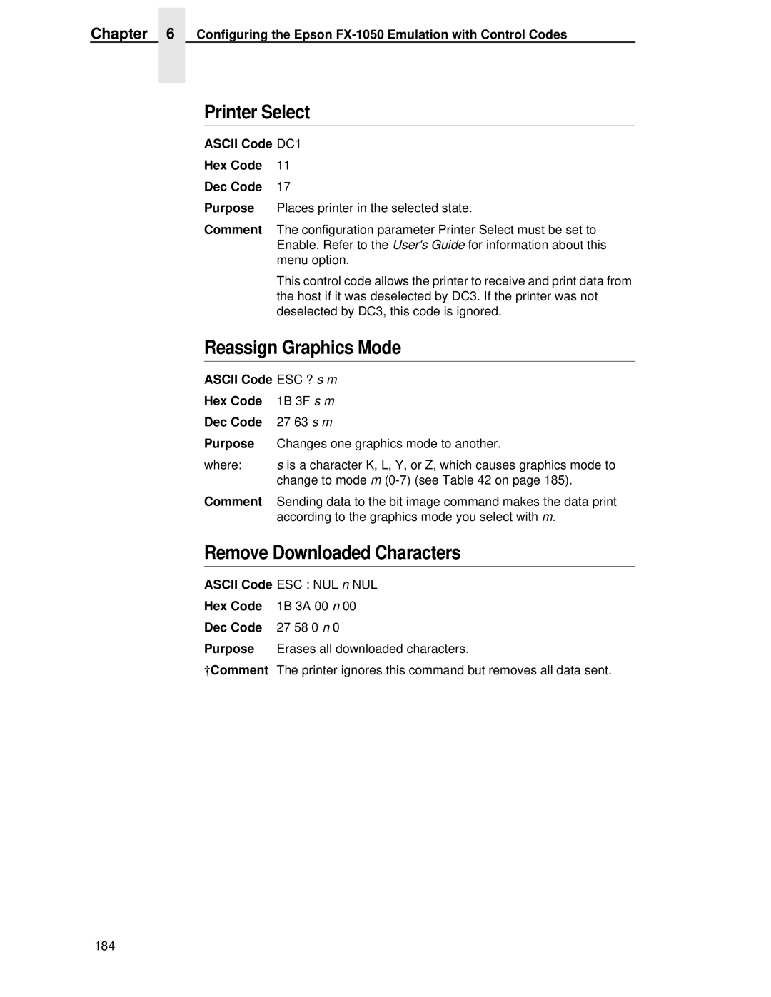 IBM 4400 manual Reassign Graphics Mode, Remove Downloaded Characters, Ascii Code ESC ? s m Hex Code, Dec Code 27 58 0 n 