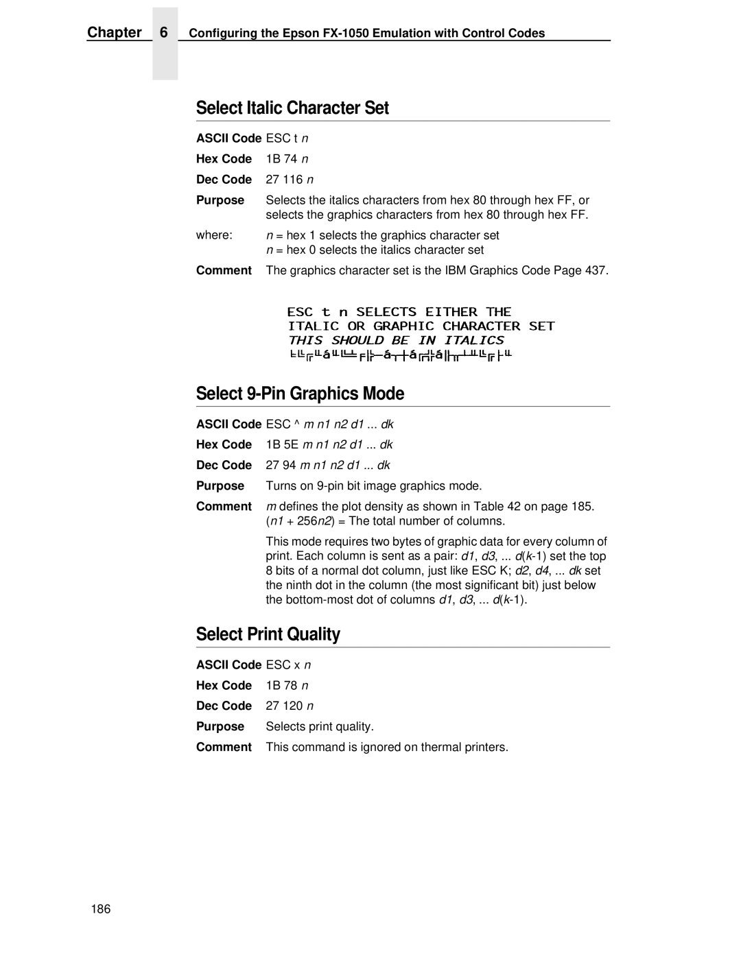 IBM 4400 manual Select Italic Character Set, Select 9-Pin Graphics Mode, Select Print Quality, Ascii Code ESC t n Hex Code 