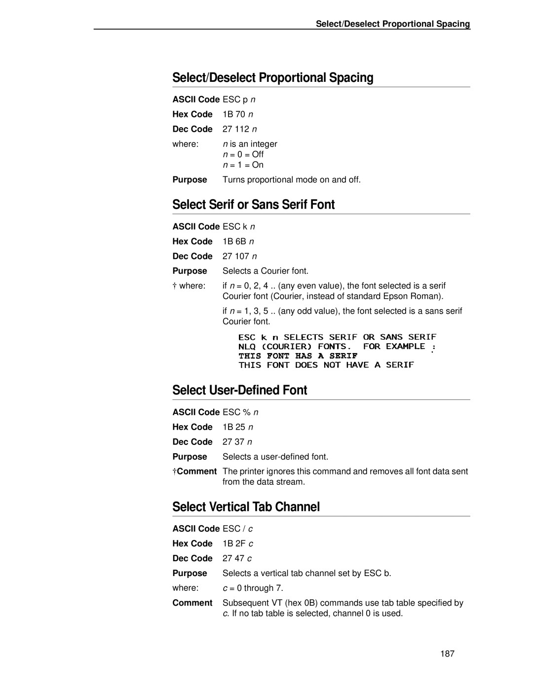 IBM 4400 manual Select/Deselect Proportional Spacing, Select Serif or Sans Serif Font, Select User-Defined Font 