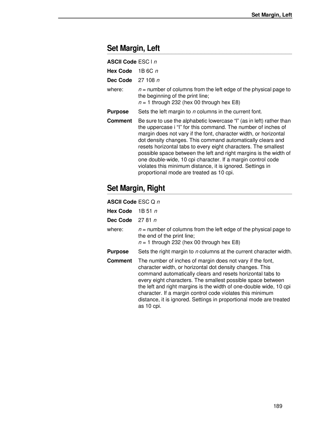 IBM 4400 manual Set Margin, Left, Set Margin, Right, Ascii Code ESC l n Hex Code, Ascii Code ESC Q n Hex Code 