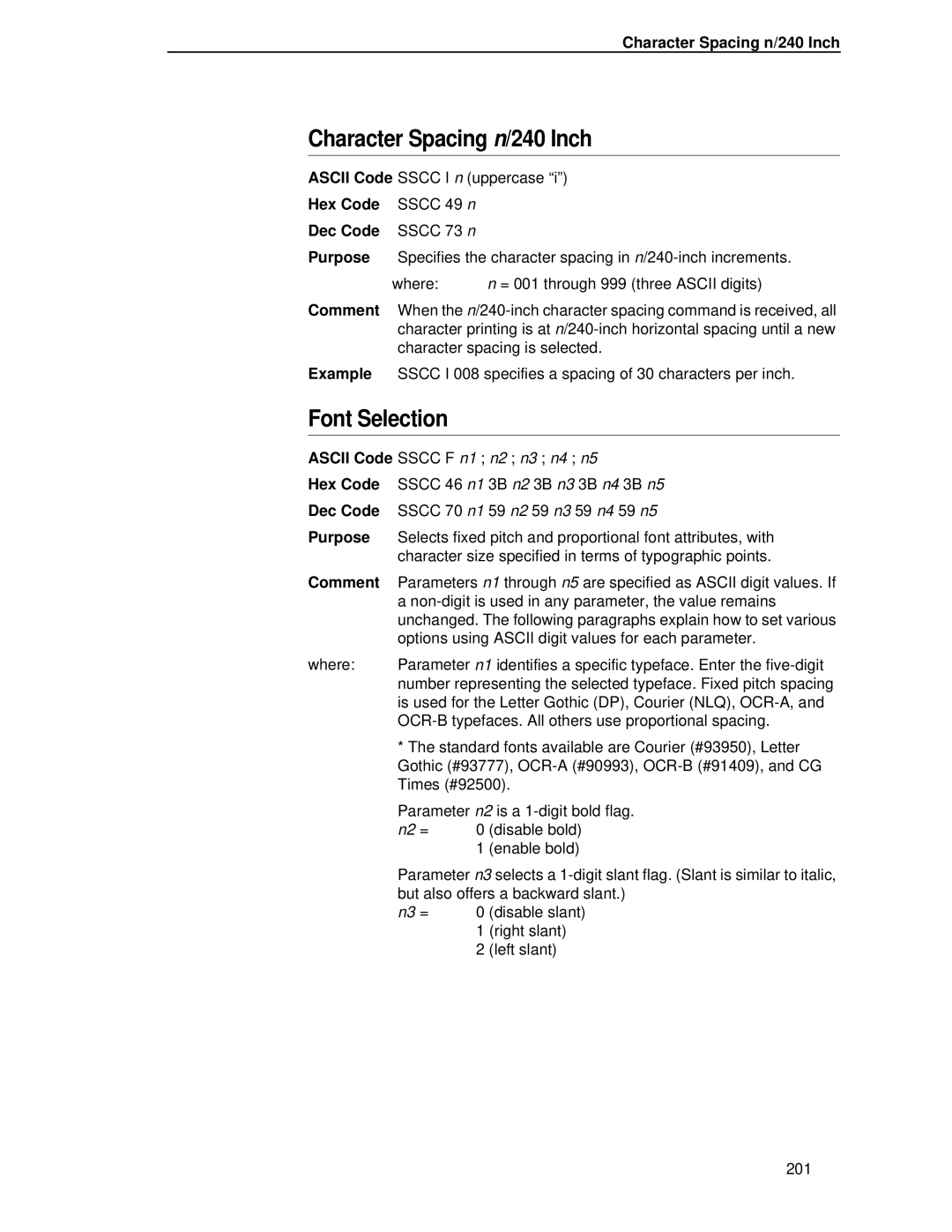 IBM 4400 manual Character Spacing n/240 Inch, Font Selection 