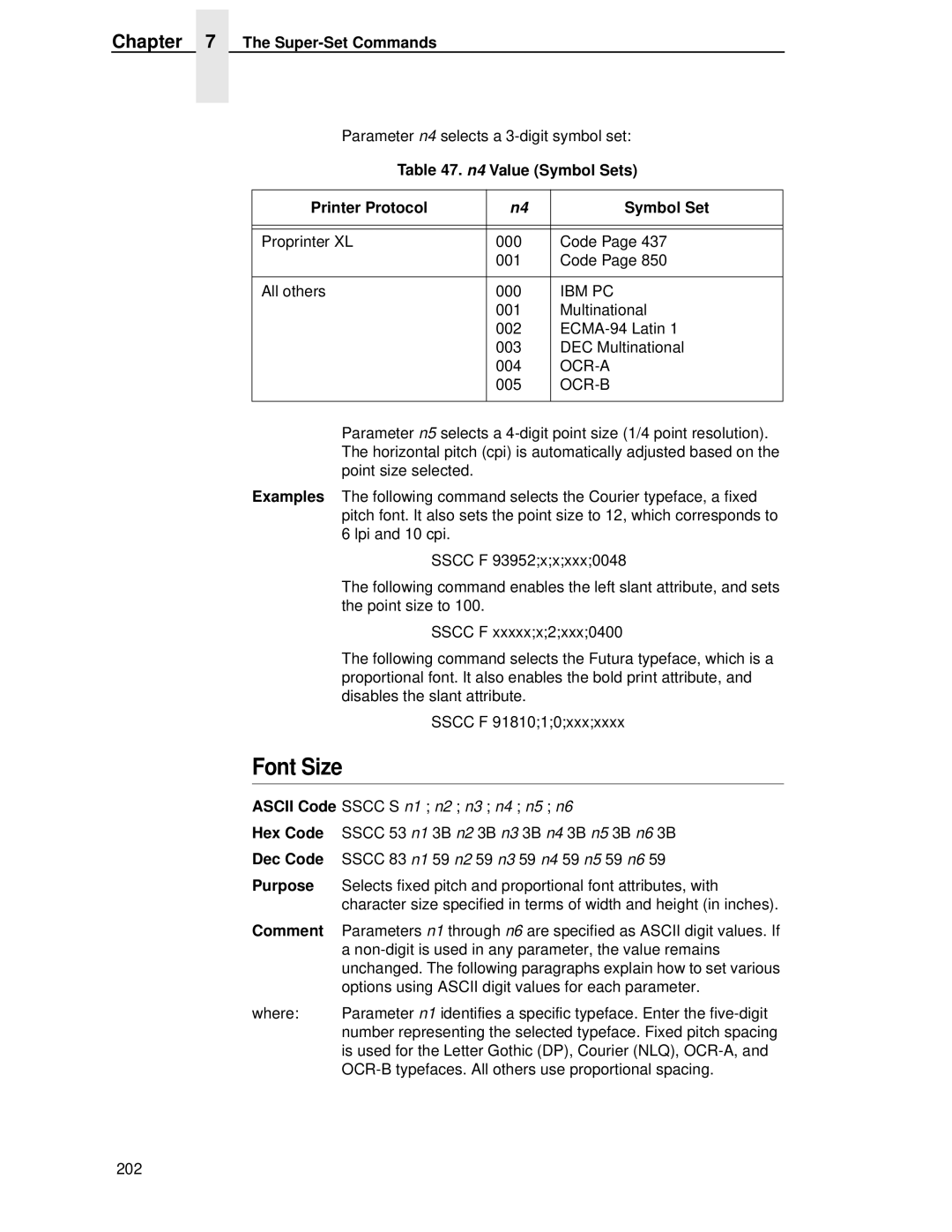 IBM 4400 manual Font Size, N4 Value Symbol Sets Printer Protocol 