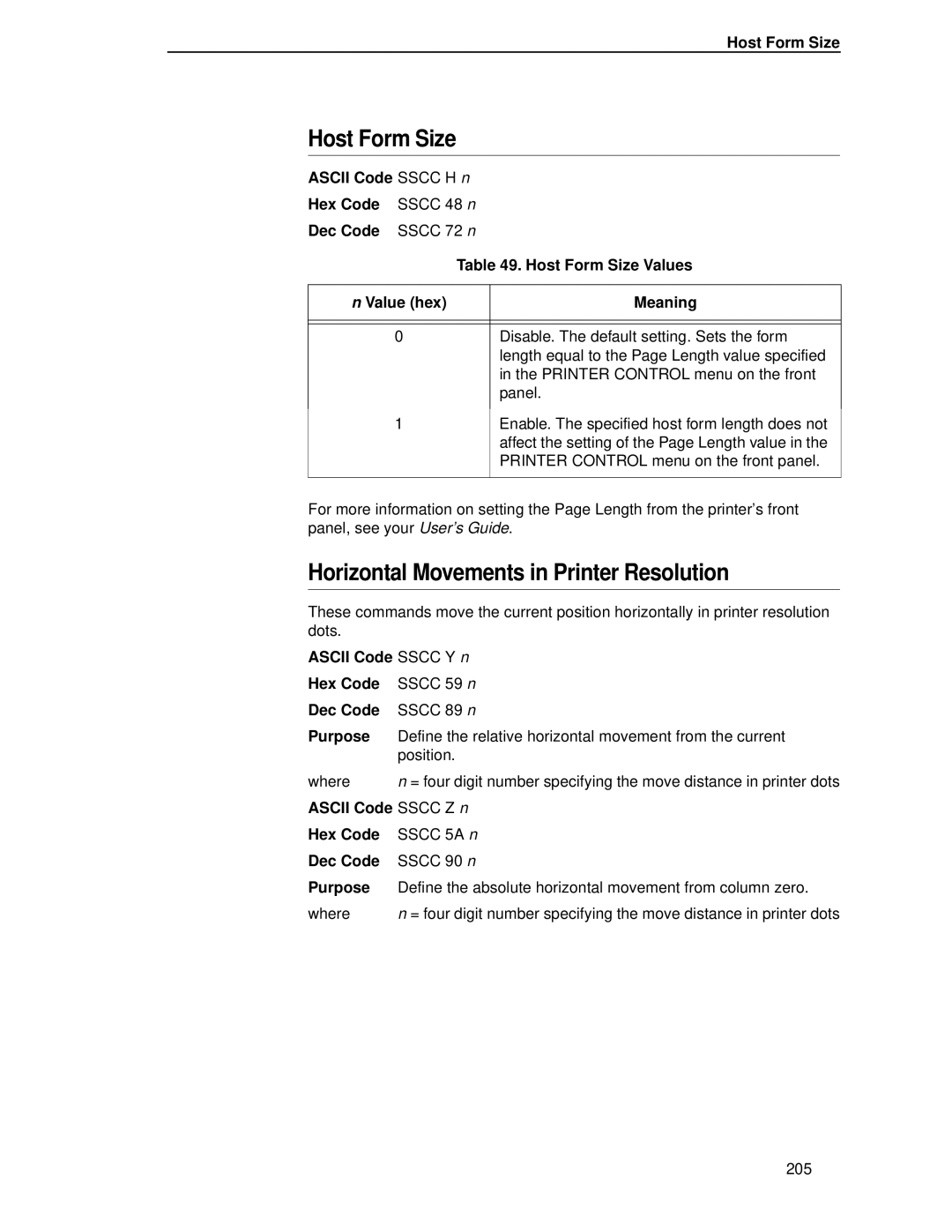 IBM 4400 manual Host Form Size, Horizontal Movements in Printer Resolution 