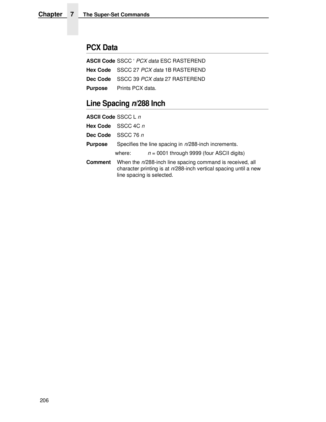 IBM 4400 manual PCX Data, Line Spacing n/288 Inch, Ascii Code Sscc L n Hex Code 