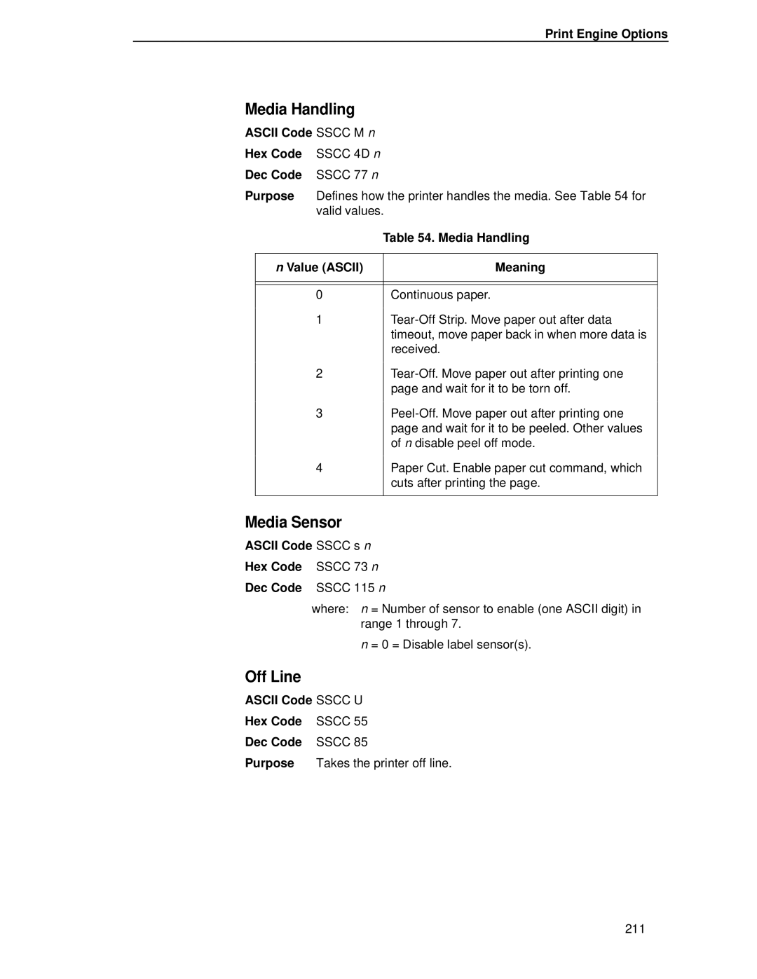 IBM 4400 manual Ascii Code Sscc M n Hex Code, Media Handling, Value Ascii Meaning, Ascii Code Sscc s n Hex Code 