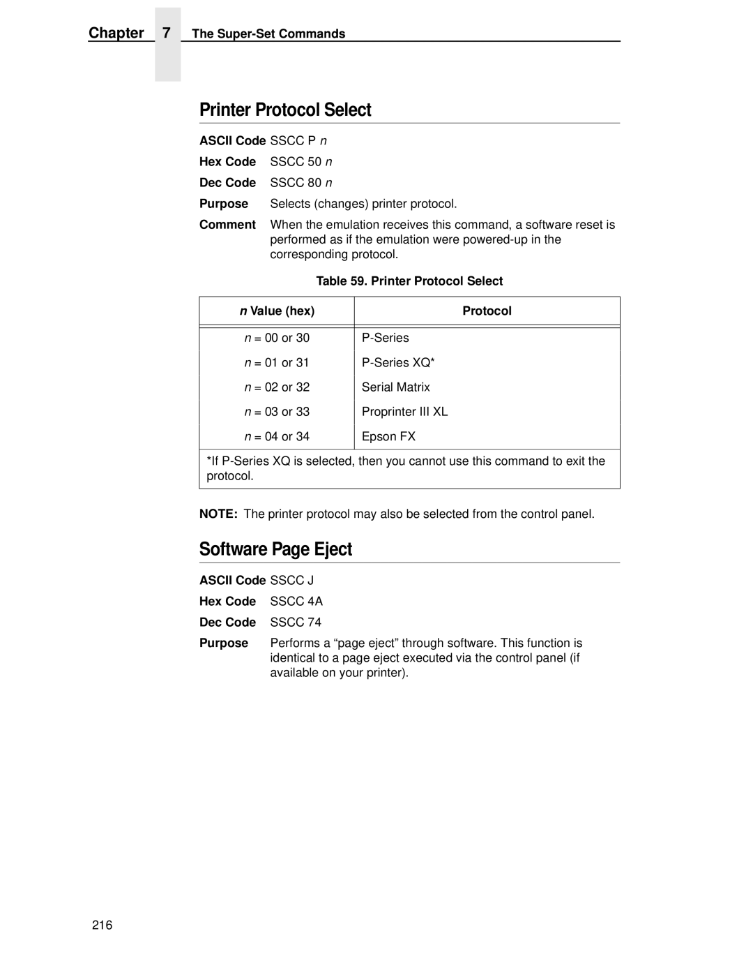 IBM 4400 manual Printer Protocol Select, Software Page Eject, Ascii Code Sscc P n, Ascii Code Sscc J Hex Code 