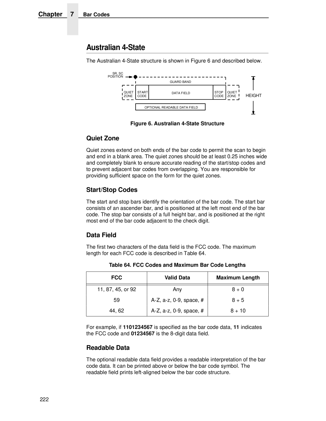 IBM 4400 manual Australian 4-State, FCC Codes and Maximum Bar Code Lengths, Valid Data Maximum Length 