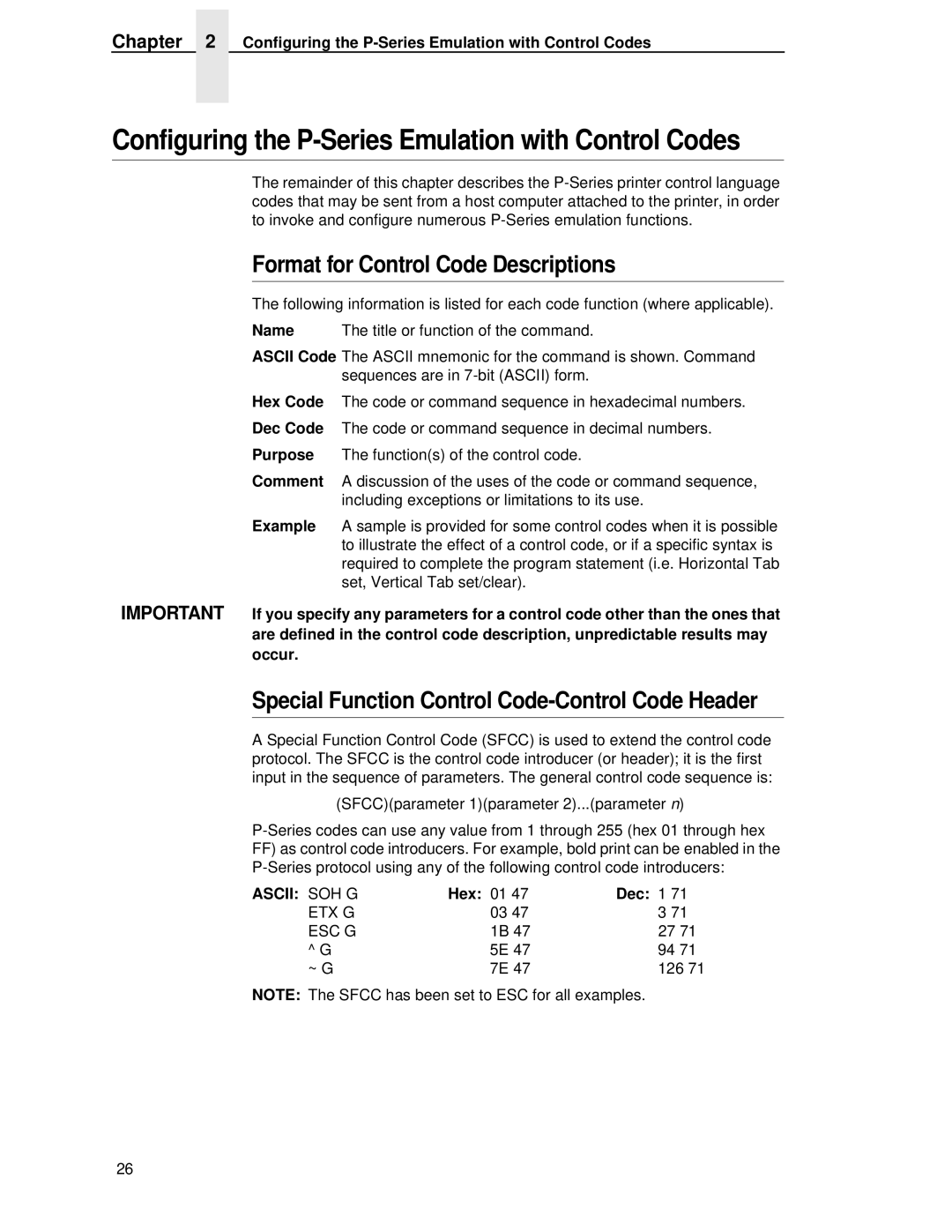 IBM 4400 manual Format for Control Code Descriptions, Special Function Control Code-Control Code Header, Hex 01 Dec 1 