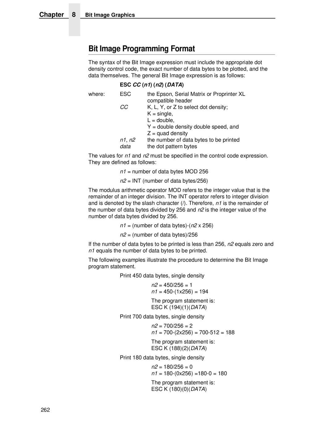 IBM 4400 manual Bit Image Programming Format, ESC CC n1 n2 Data 