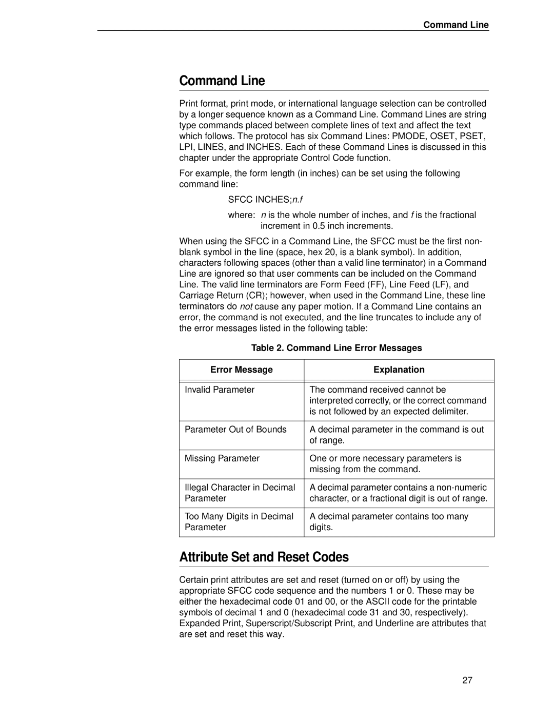 IBM 4400 manual Attribute Set and Reset Codes, Command Line Error Messages Explanation 