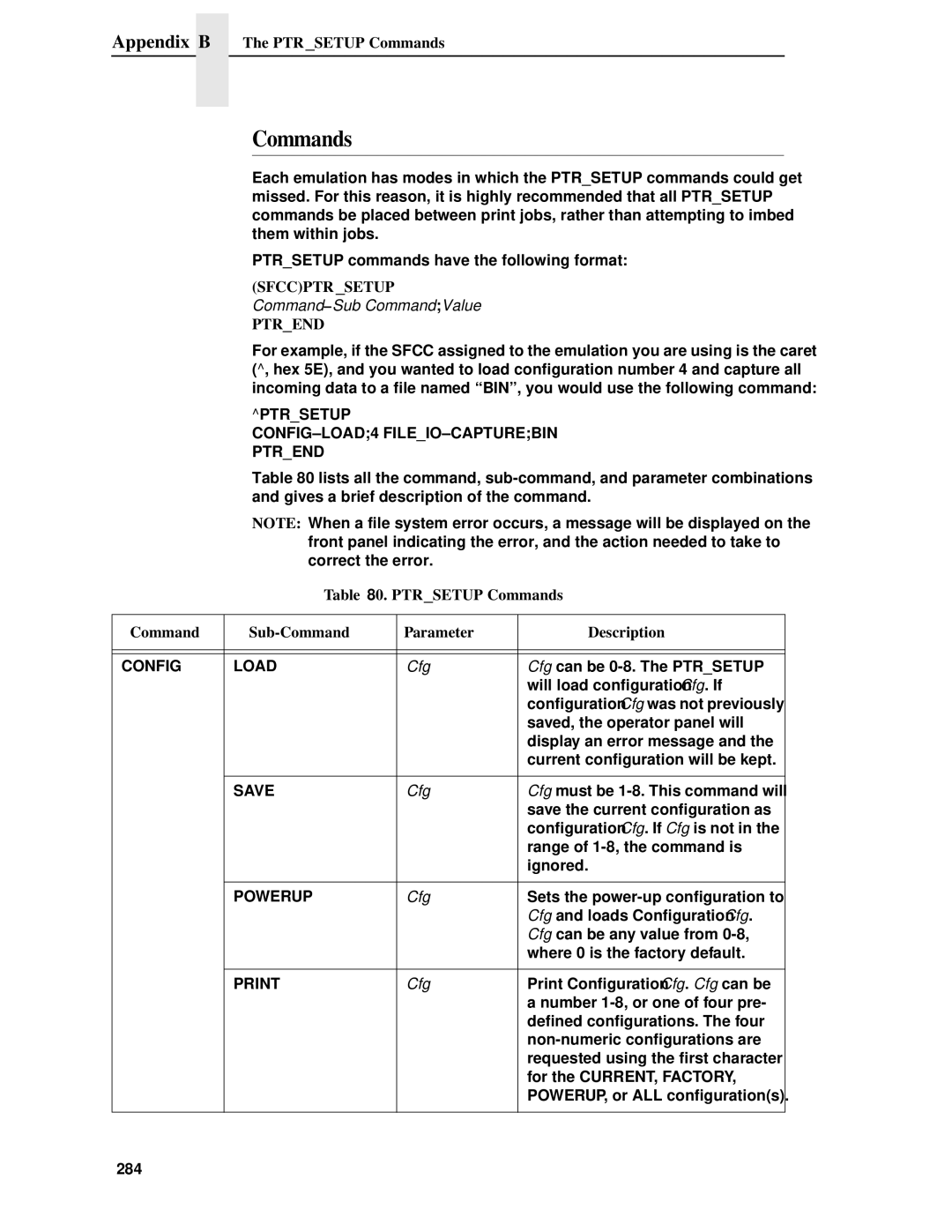 IBM 4400 manual Appendix B The Ptrsetup Commands, Ptrsetup Commands Sub-Command Parameter Description 