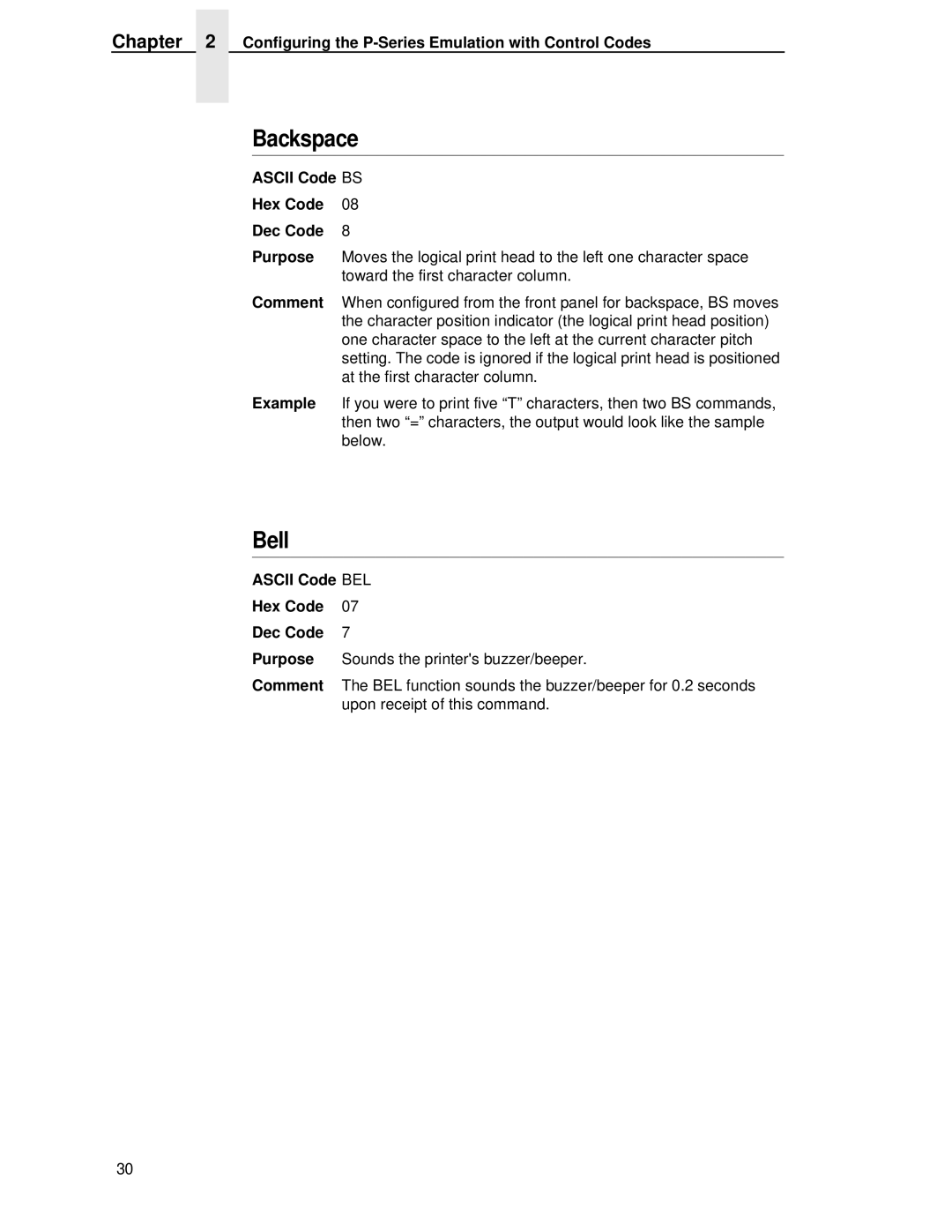 IBM 4400 manual Backspace, Bell, Ascii Code BS Hex Code Dec Code, Ascii Code BEL Hex Code Dec Code 