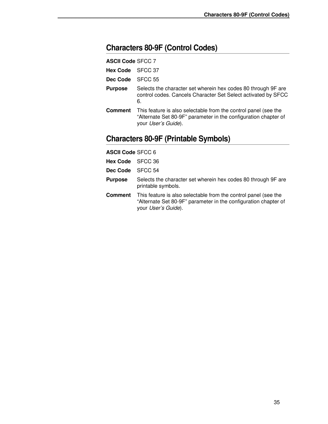 IBM 4400 manual Characters 80-9F Control Codes, Characters 80-9F Printable Symbols, Ascii Code Sfcc Hex Code 