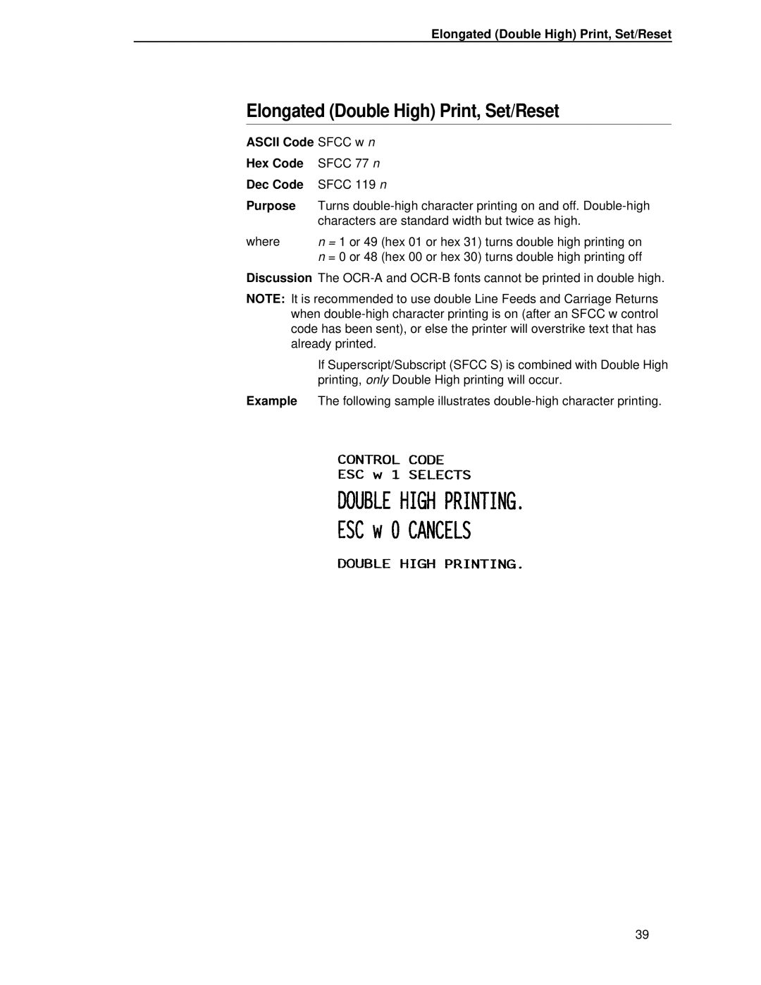 IBM 4400 manual Elongated Double High Print, Set/Reset, Ascii Code Sfcc w n Hex Code 