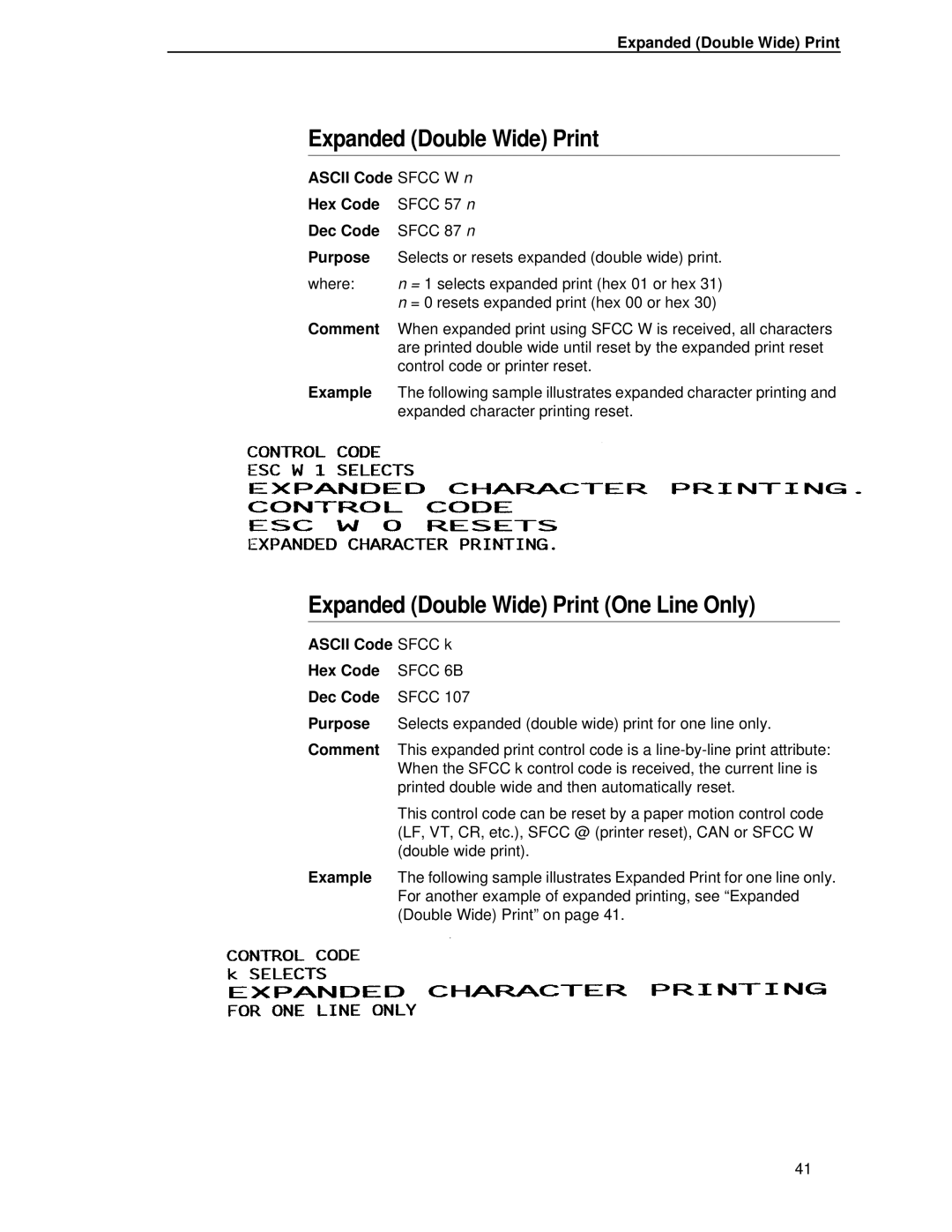 IBM 4400 manual Expanded Double Wide Print One Line Only, Ascii Code Sfcc k Hex Code, Sfcc 6B 