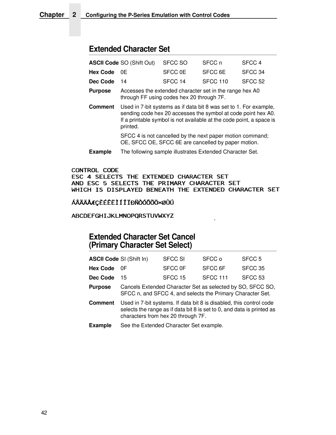 IBM 4400 manual Extended Character Set Cancel Primary Character Set Select, Sfcc 0E Sfcc 6E, Sfcc 0F Sfcc 6F 