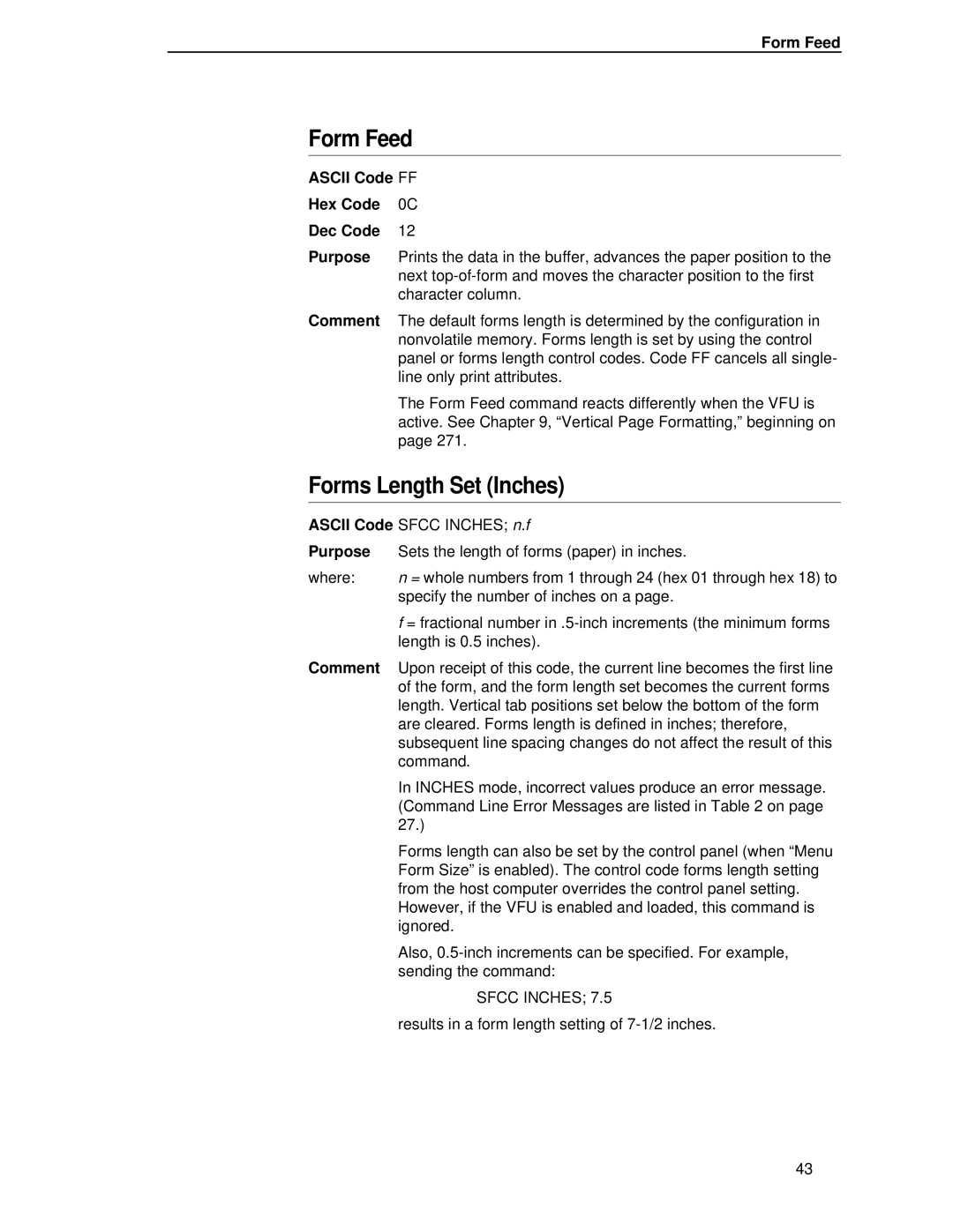 IBM 4400 manual Form Feed, Forms Length Set Inches, Ascii Code FF Hex Code 0C Dec Code, Sfcc Inches 