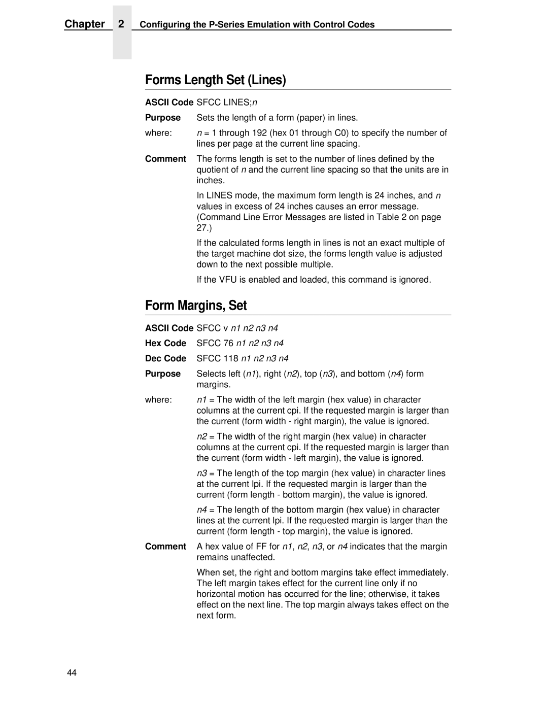 IBM 4400 manual Forms Length Set Lines, Form Margins, Set, Ascii Code Sfcc LINESn, Ascii Code Sfcc v n1 n2 n3 n4 