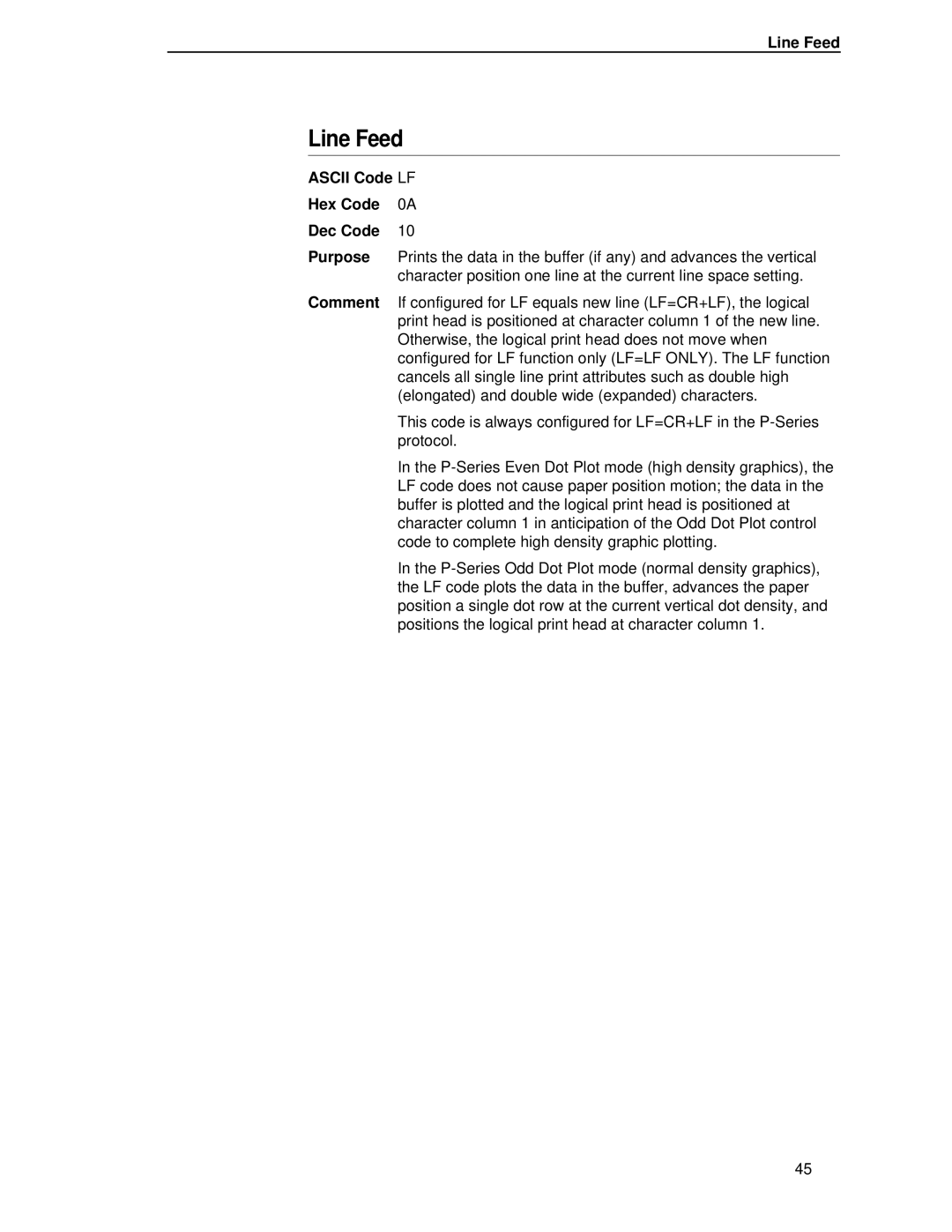 IBM 4400 manual Line Feed, Ascii Code LF Hex Code 0A Dec Code 