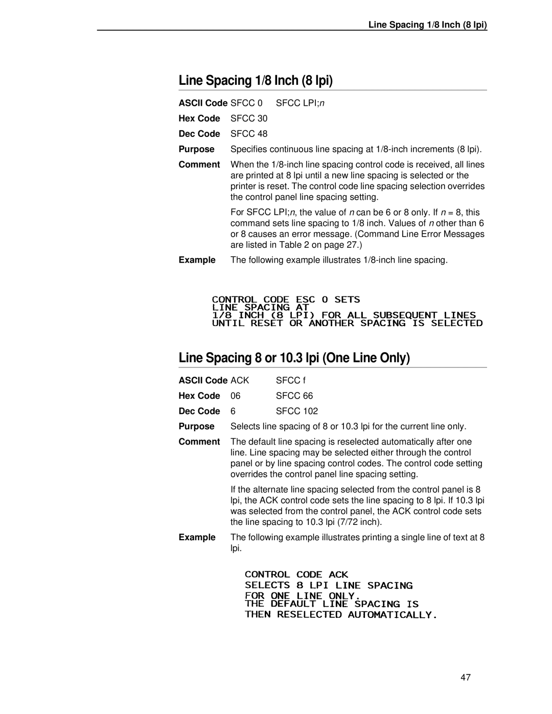 IBM 4400 manual Line Spacing 1/8 Inch 8 lpi, Line Spacing 8 or 10.3 lpi One Line Only, Ascii Code ACK 