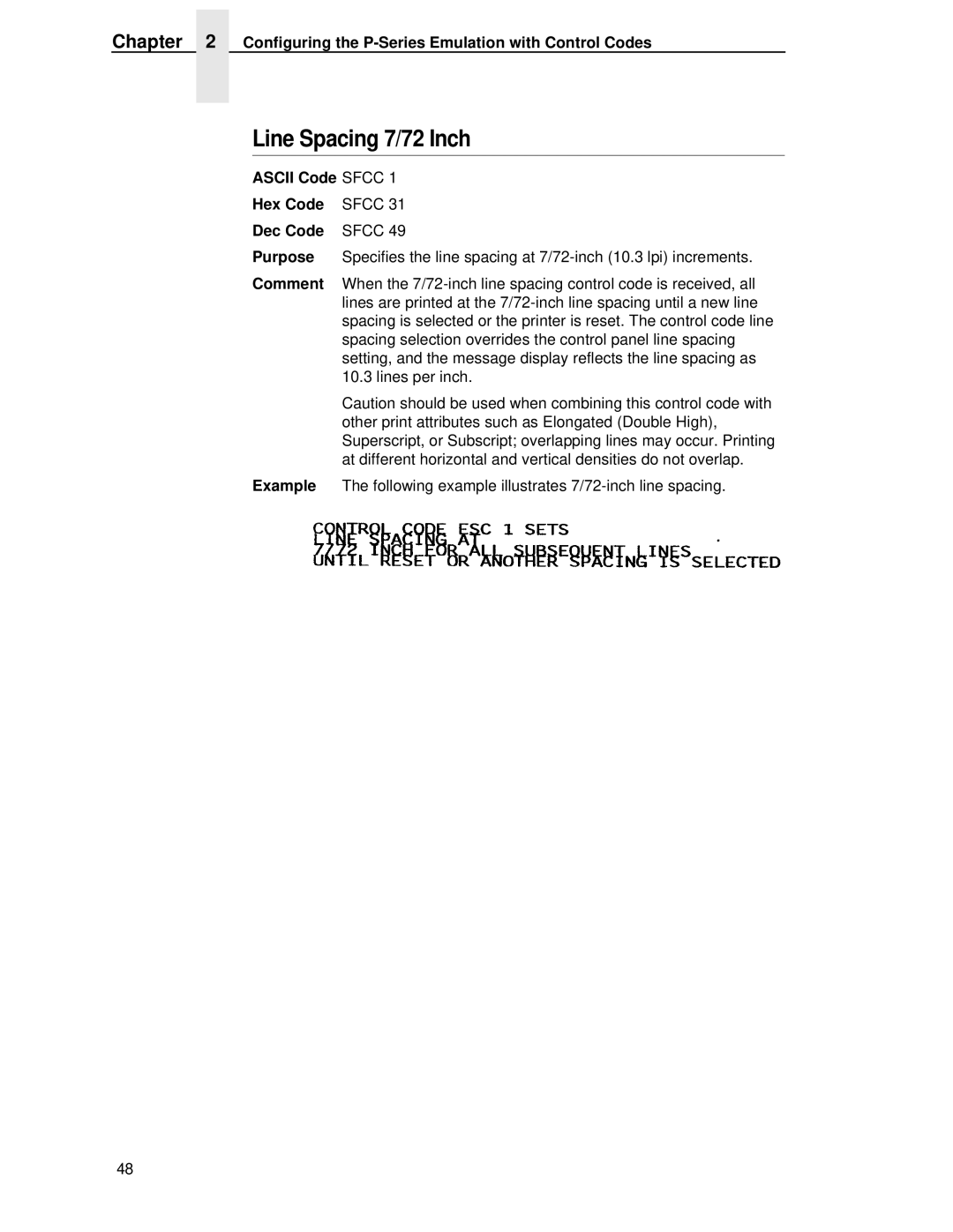 IBM 4400 manual Line Spacing 7/72 Inch, Ascii Code Sfcc Hex Code 