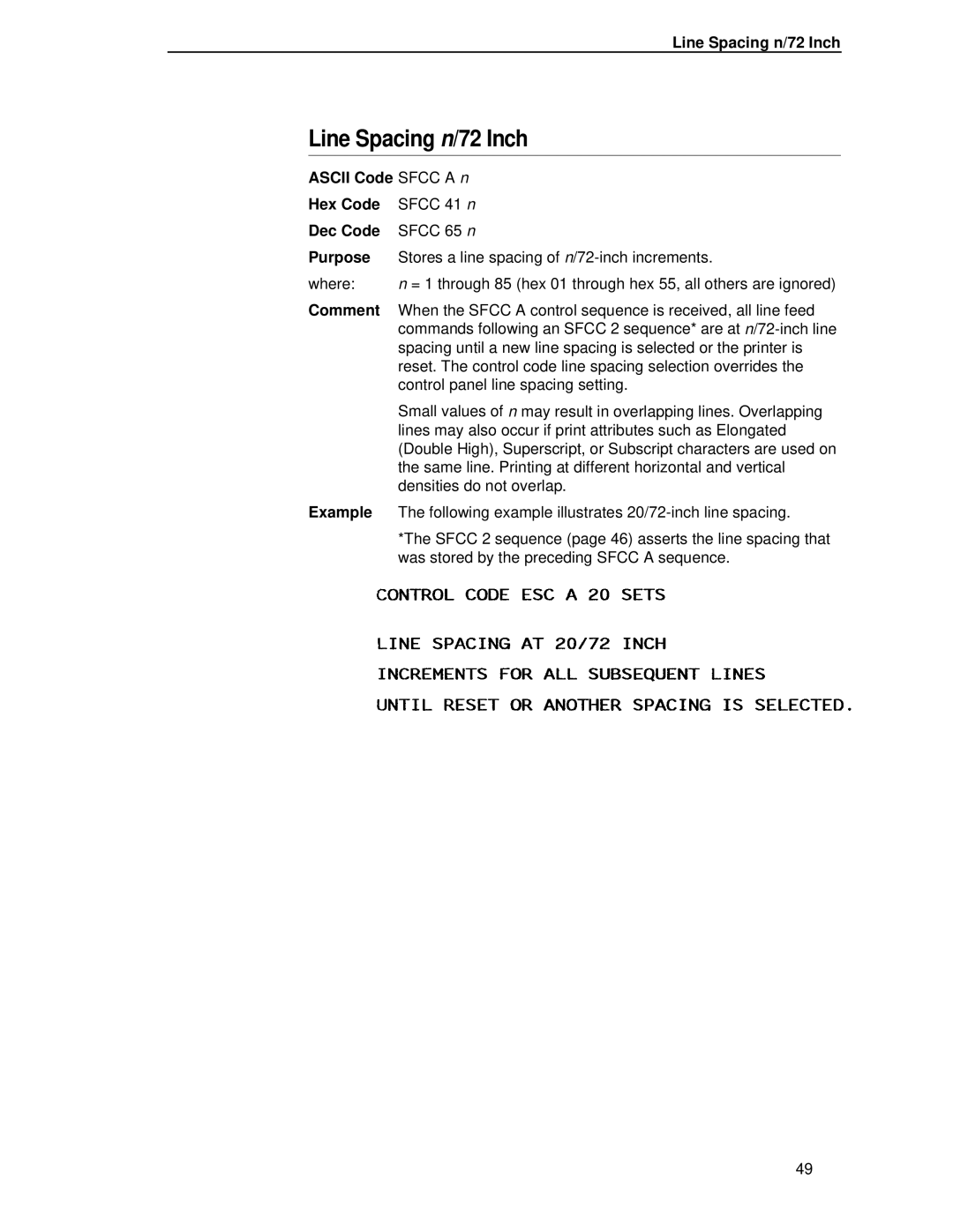 IBM 4400 manual Line Spacing n/72 Inch, Ascii Code Sfcc a n Hex Code 