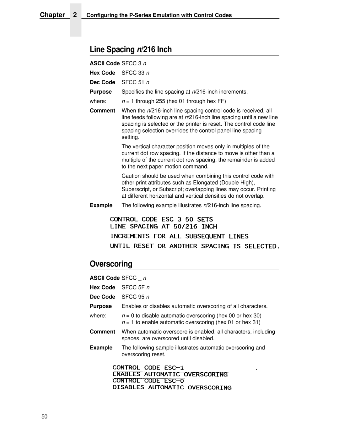 IBM 4400 manual Line Spacing n/216 Inch, Overscoring, Ascii Code Sfcc 3 n Hex Code, Ascii Code Sfcc n Hex Code 